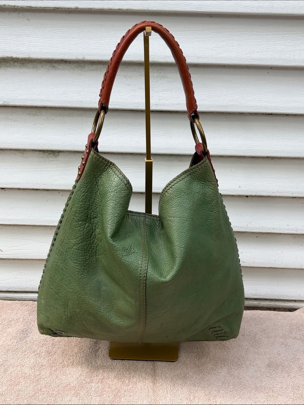 Green Lucky Brand Leather Hobo Bag with Brown Handle